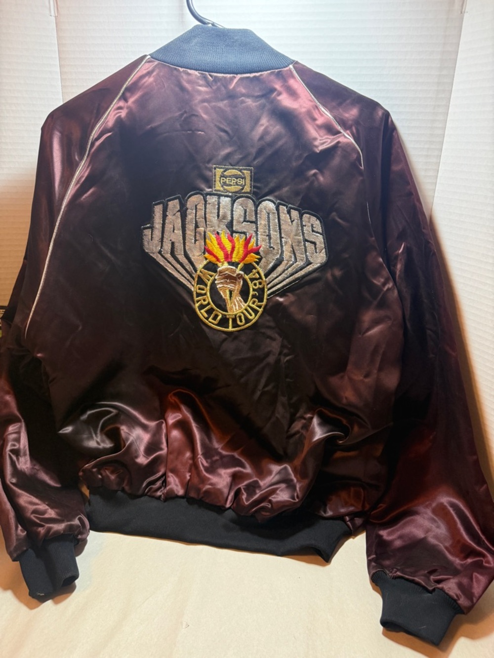 Jacksons World Tour Burgundy Satin Bomber Jacket